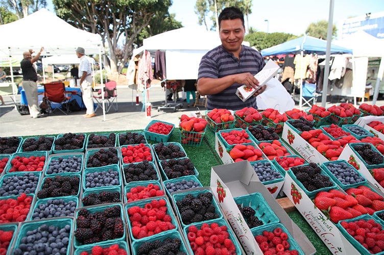 A shopper looks over a table full of berries at a farmers’ market.