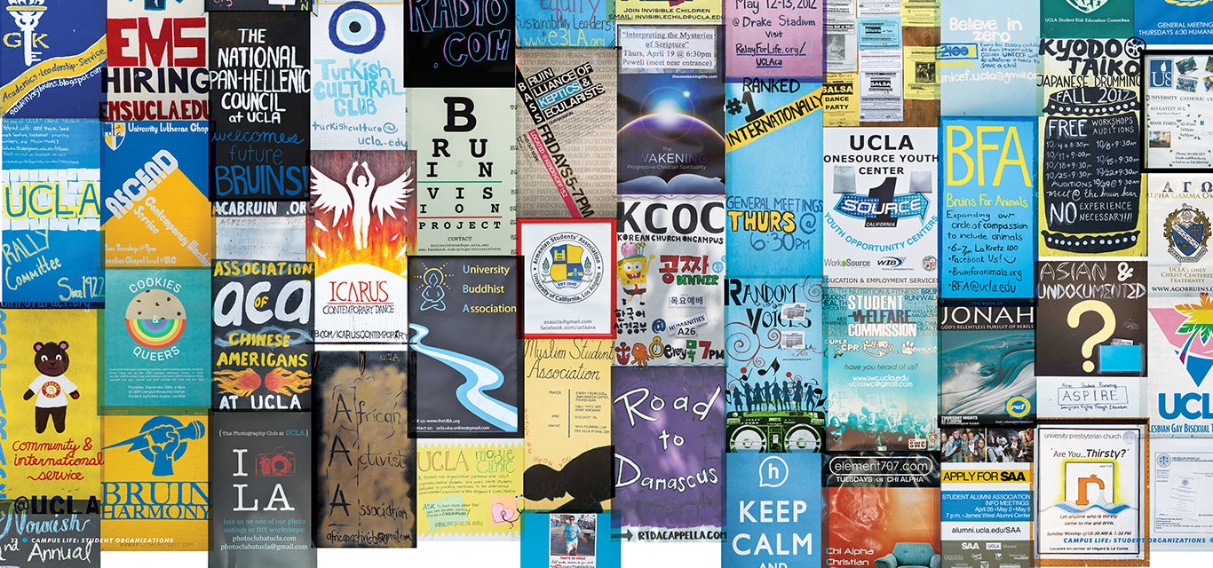 A wide variety of actual posters for student clubs and organizations fill this photo collage.