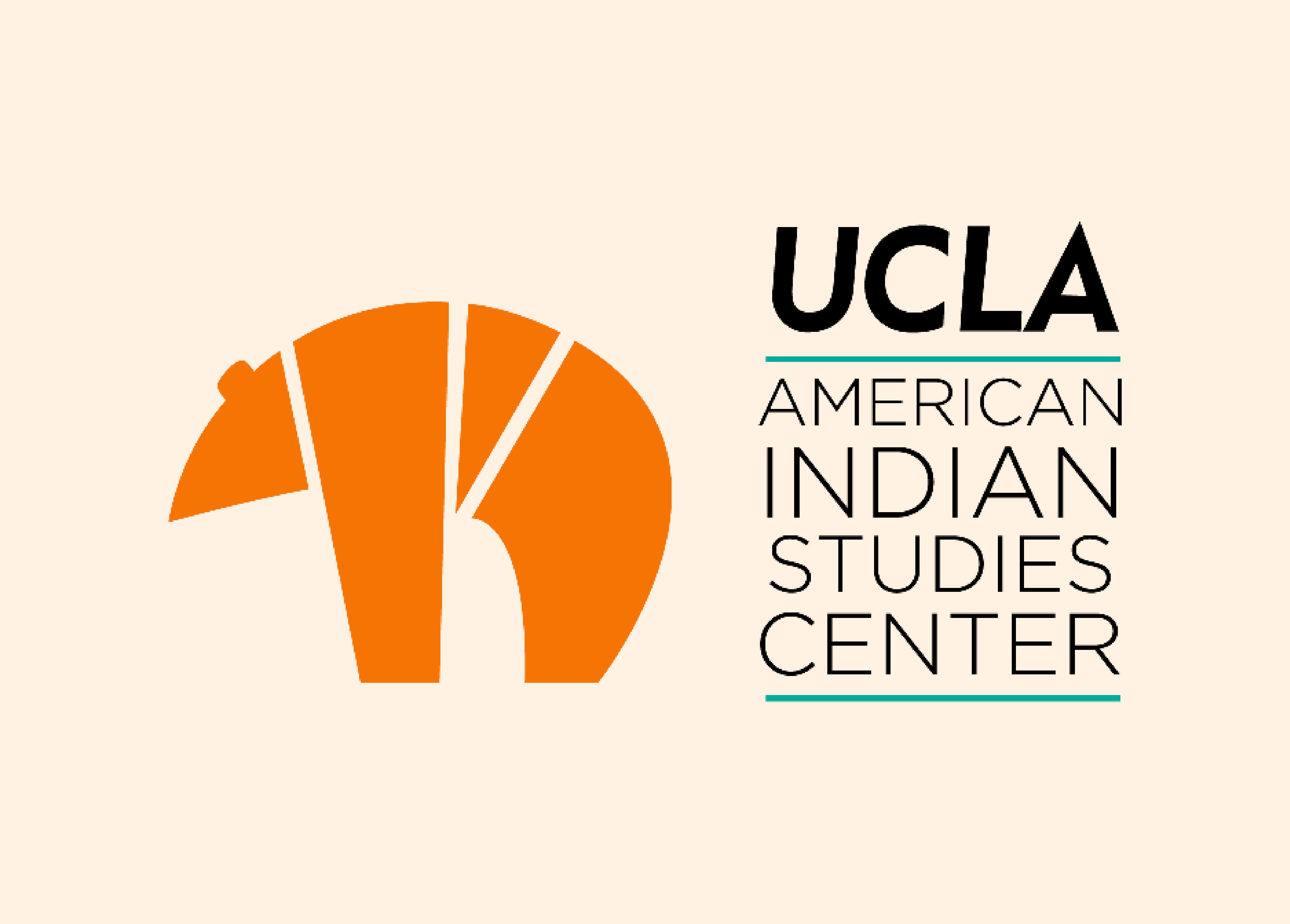 Logo of the UCLA American Indian Studies Center featuring a stylized orange bear, segmented into four parts, symbolizing the strength and unity of the Native American community. The bear is positioned next to the text 'UCLA American Indian Studies Center,' with 'UCLA' in bold black font and the remaining text in a more modern, slim font, separated by a teal horizontal line.