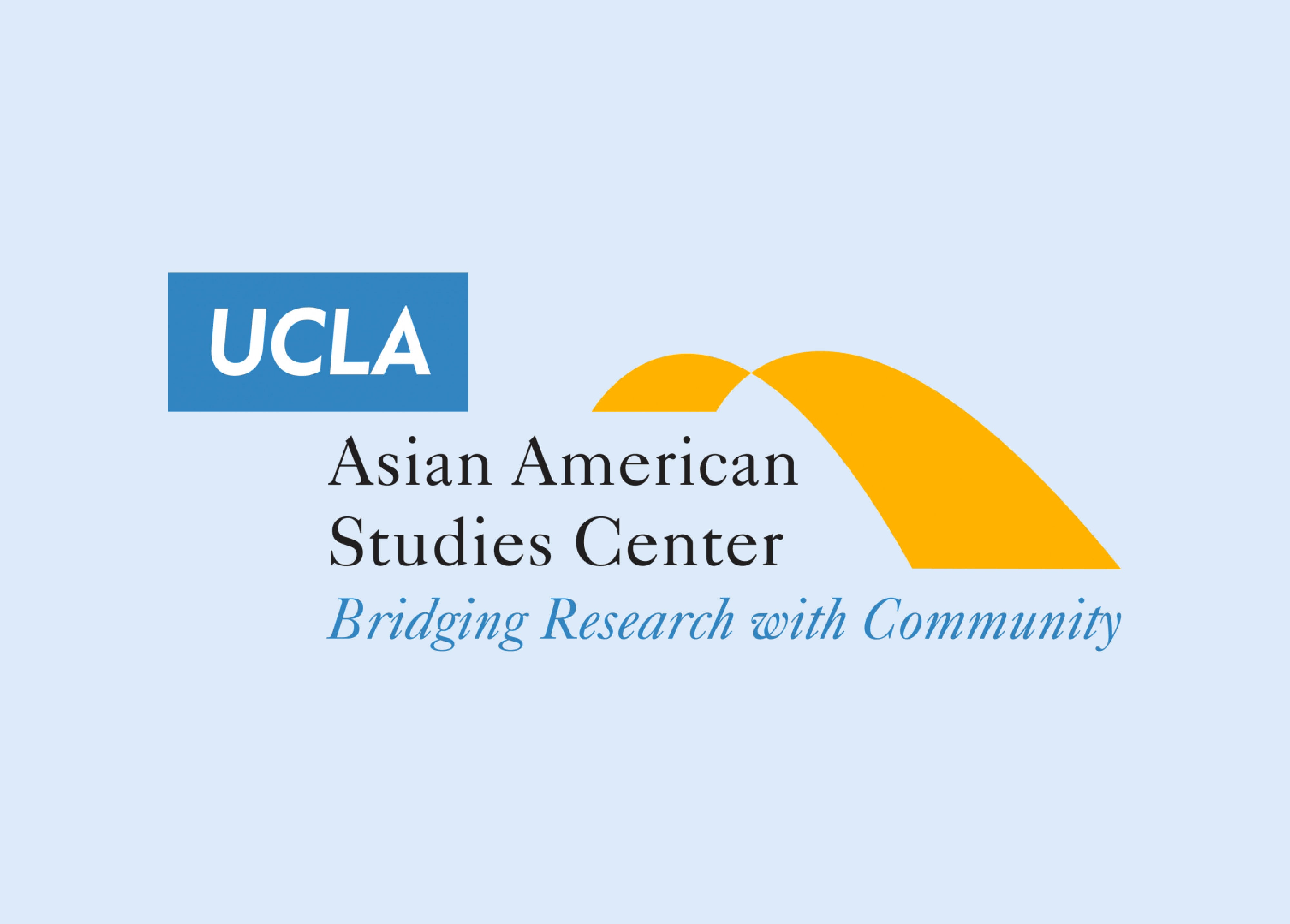 Logo of the UCLA Asian American Studies Center featuring a blue background with the UCLA logo on the top left, accompanied by a stylized orange bridge graphic on the right. The text below the bridge reads 'Asian American Studies Center,' with the tagline 'Bridging Research with Community' in italicized font, emphasizing the center's mission of connecting academic research with real-world community impact.