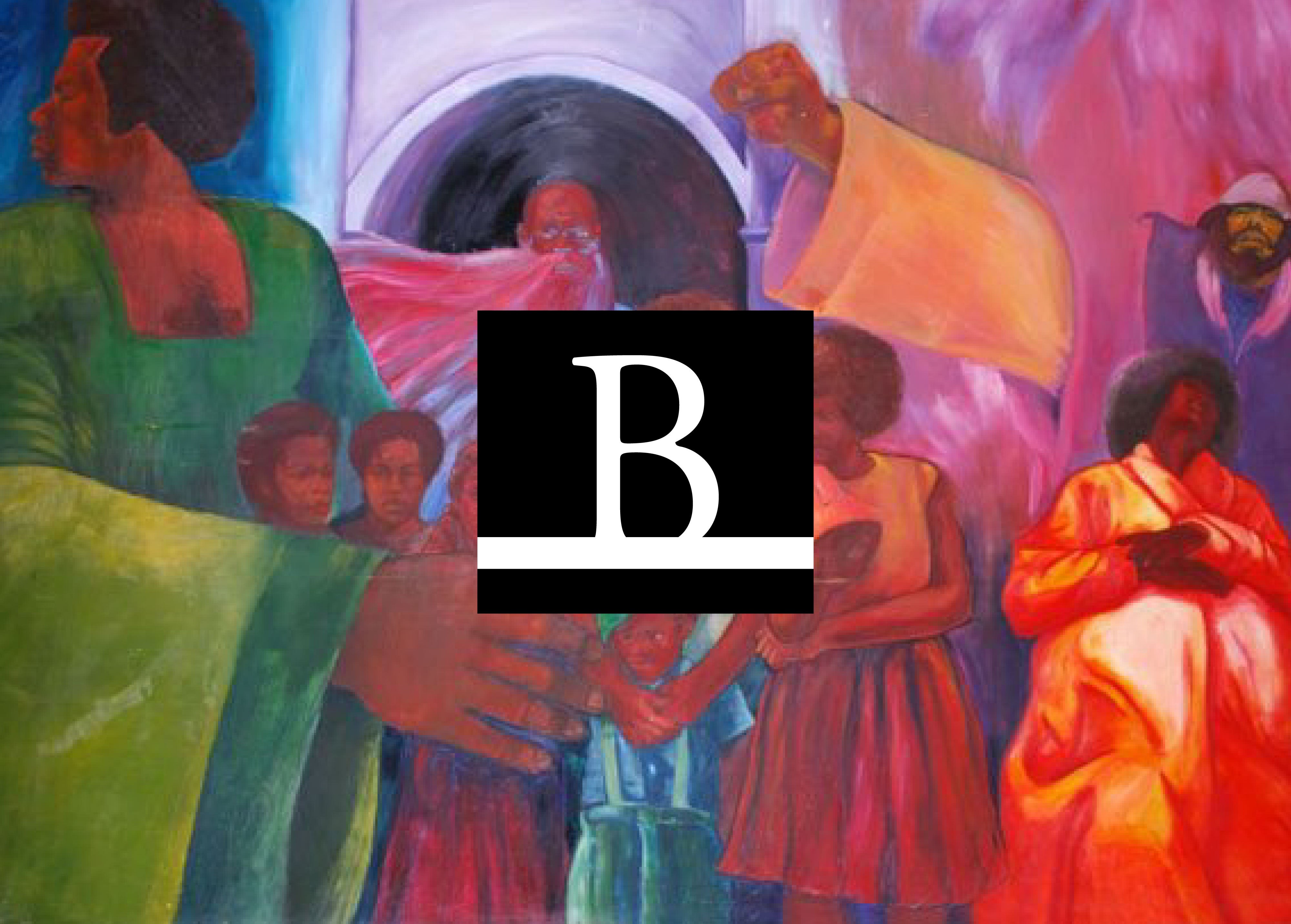 A mural depicting vibrant, colorful scenes of African American life and history, with a central black square containing a white 'B' for the Bunche Center.