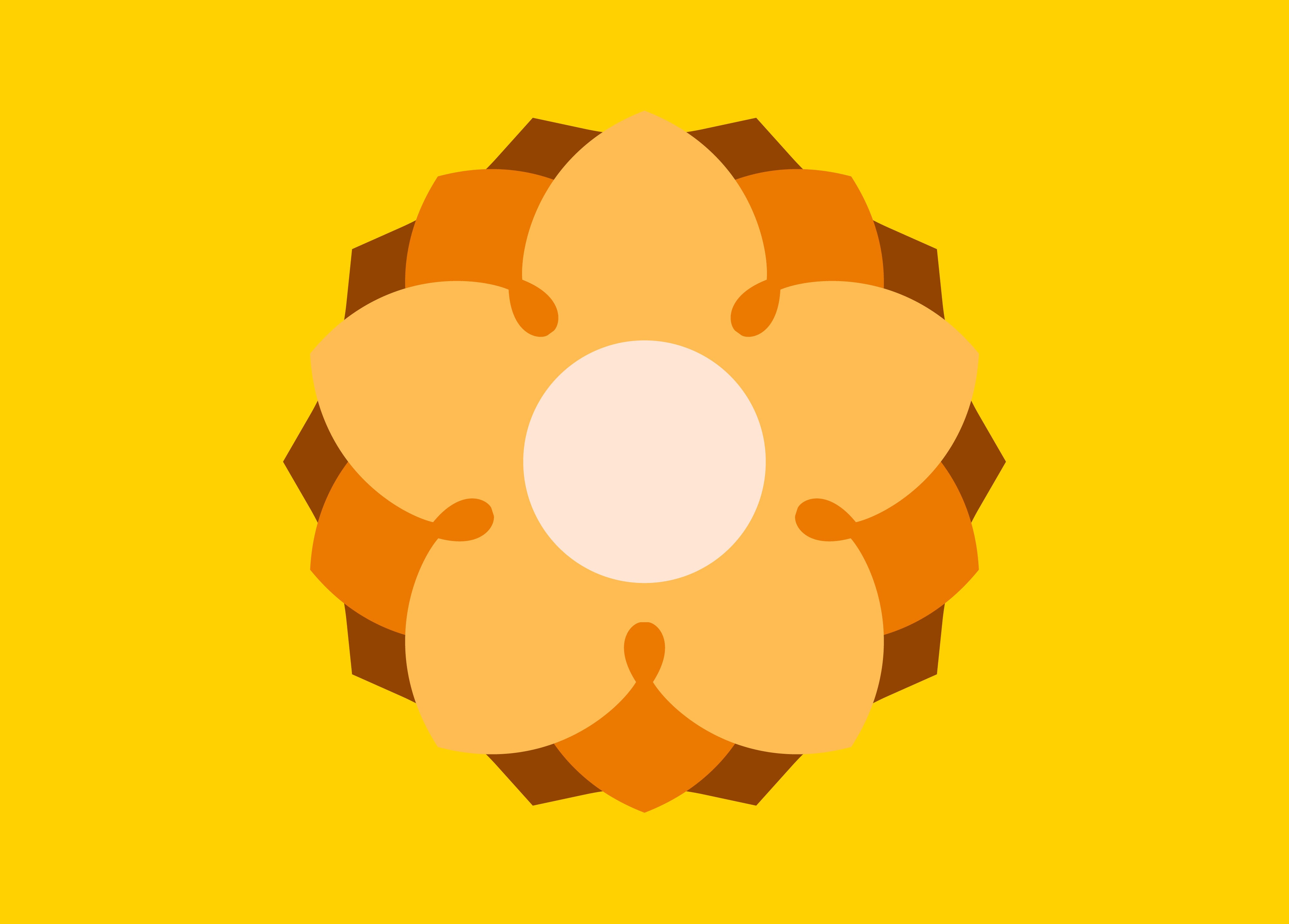 A geometric design resembling a stylized flower in shades of orange and brown set against a bright yellow background, representing the Center for Southeast Asian Studies.