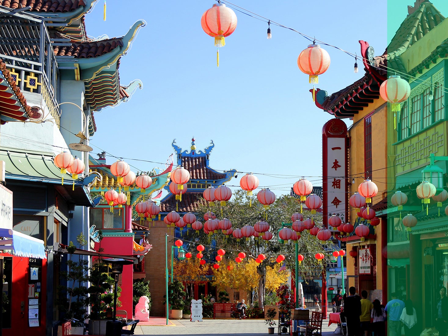 L.A.’s colorful Chinatown pops against bright blue skies.