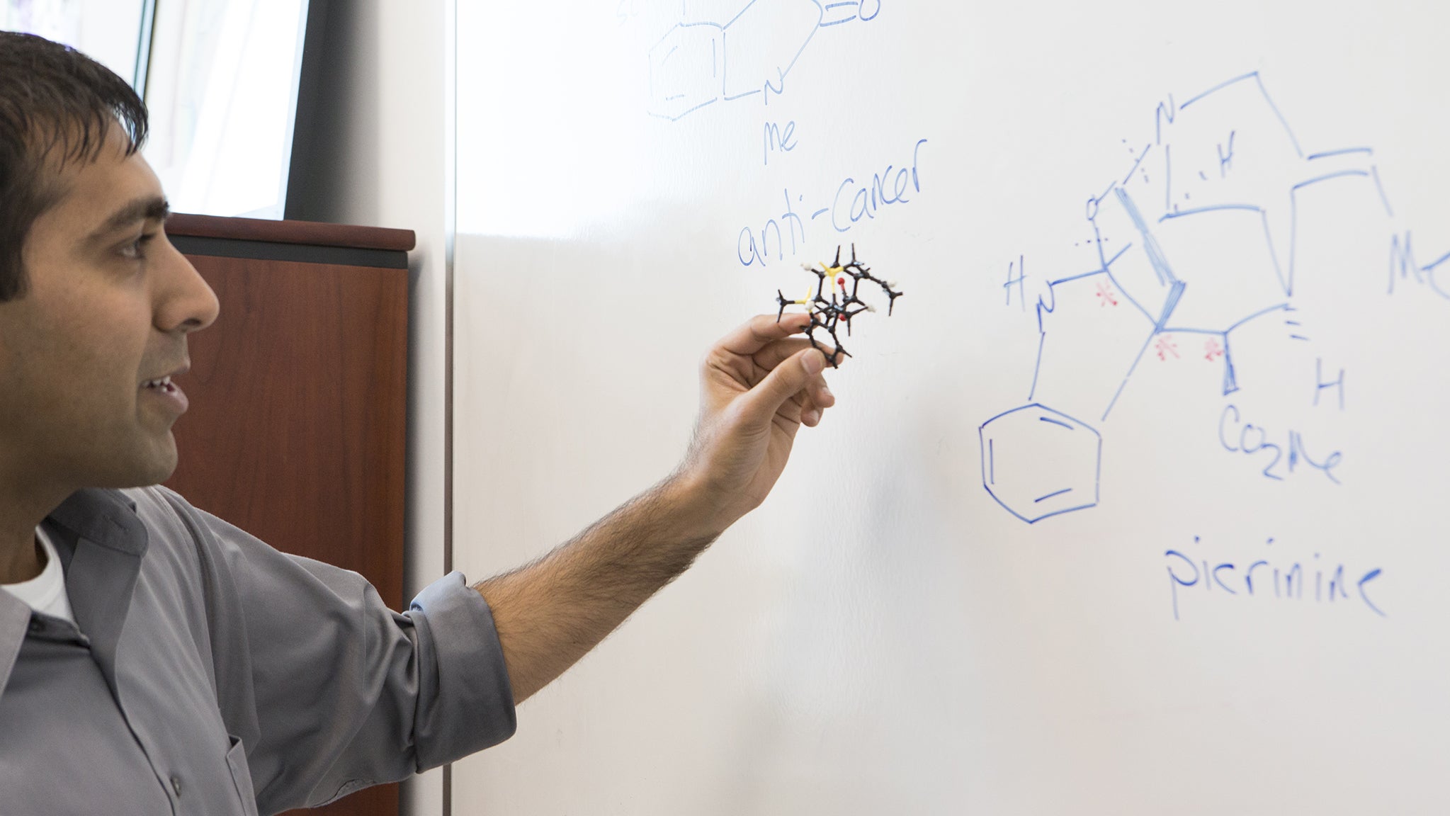 Professor of Chemistry Neil Garg discusses organic in front of a white board.