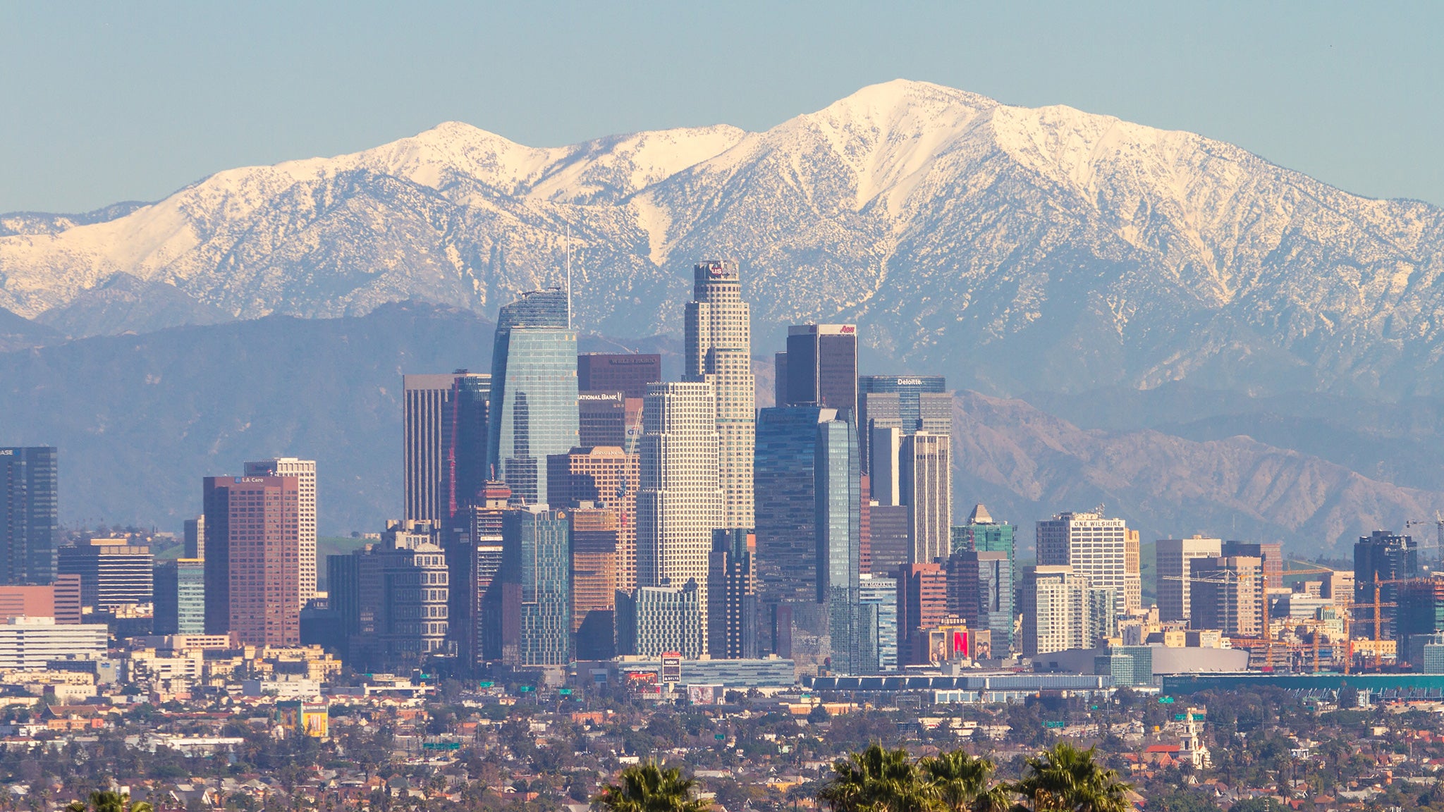The San Gabriel mountains, seen in the distance behind downtown L.A., are topped with snow.